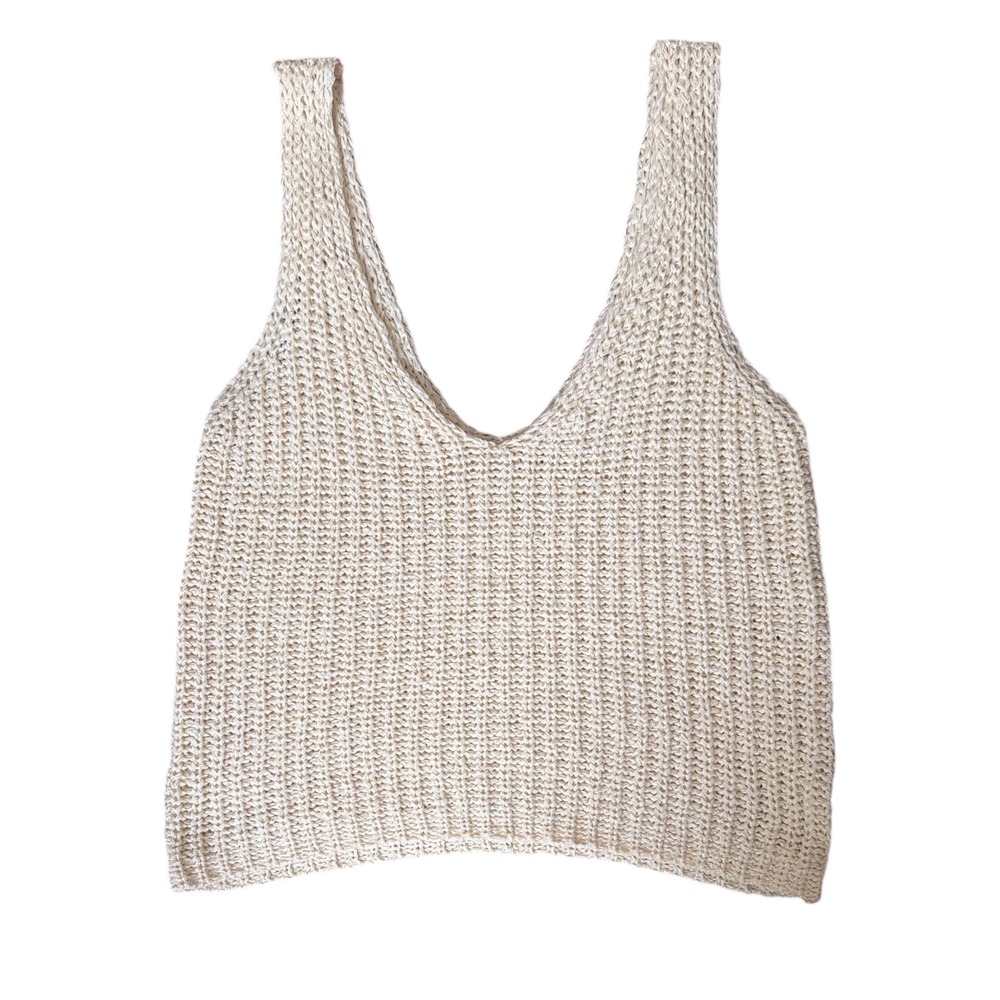Cream Chunky Knit Tank Top V-Neck Sleeveless Sweater Vest Ivory Boho Women M